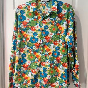 Retro Floral Button-Down Shirt in Green, Blue & White